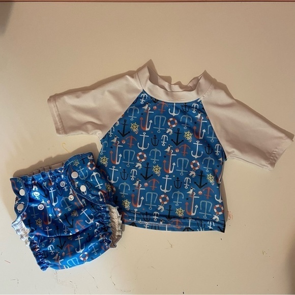 Applecheeks 2 Piece Swimming Set Bathing Suit Swim Diaper and Rash Guard 12-24 - Picture 2 of 9